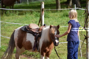 Mädchen streichelt Pony im Kinderdorf